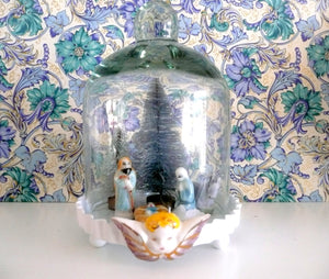 Handcrafted Nativity Scene with Vintage French Feves under a Glass Dome