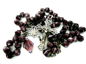 Vintage French Silver and  Purple Marbled Glass Rosary