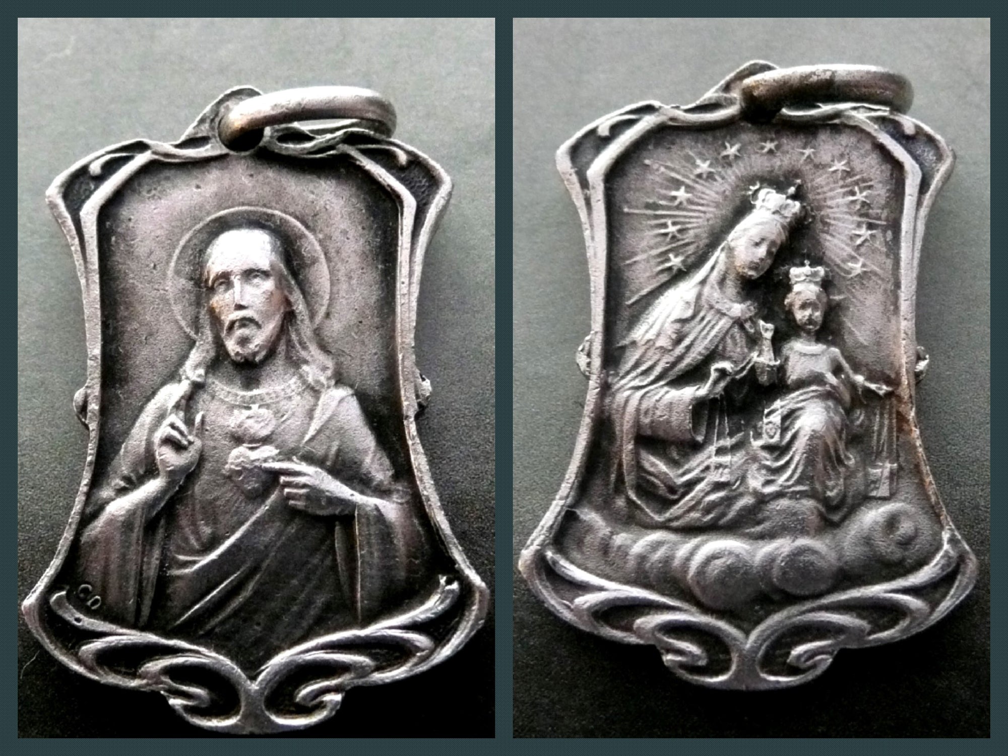 Vintage French Scapular Medal, Our Lady of Mount Carmel Medal and Sacred Heart