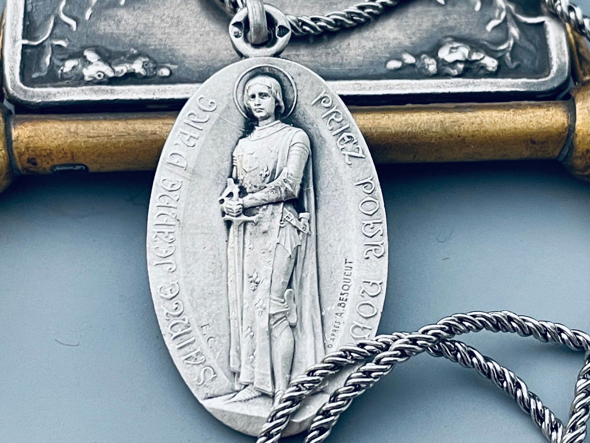 Saint Joan of Arc Necklace, Vintage French Silver Saint Joan Medal