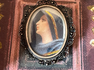Antique or Vintage 800 Silver Pendant Brooch of the Virgin Mary