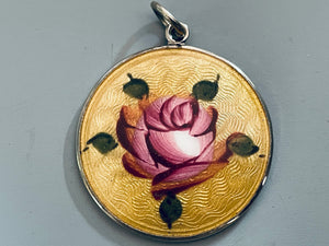 Vintage Sterling Silver Guilloche Rose Pendant
