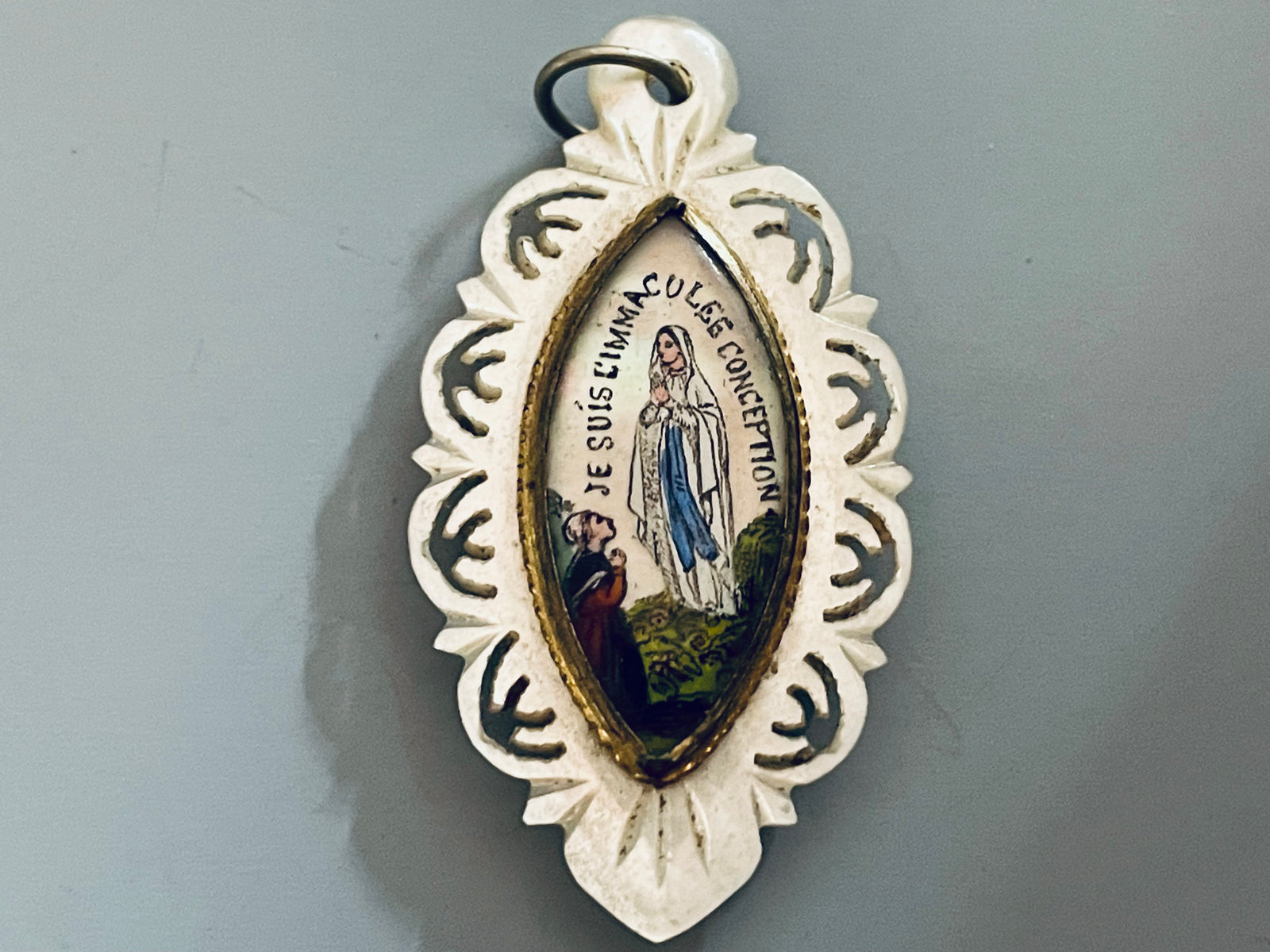 Antique French Mother of Pearl and Glass Our Lady of Lourdes Medal