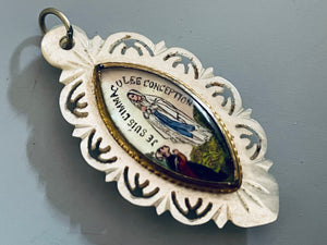 Antique French Mother of Pearl and Glass Our Lady of Lourdes Medal