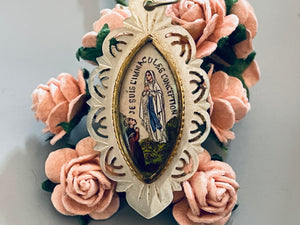 Antique French Mother of Pearl and Glass Our Lady of Lourdes Medal