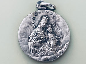 Vintage French Scapular Medal by E Dropsy, Our Lady of Mount Carmel Medal and Sacred Heart