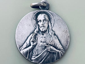 Vintage French Scapular Medal by E Dropsy, Our Lady of Mount Carmel Medal and Sacred Heart