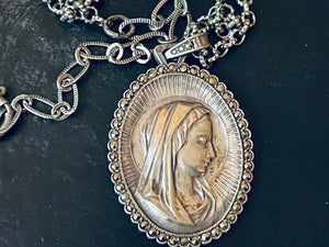 Virgin Mary Necklace, Our Lady of Lourdes, Vintage French Silver and Marcasite Medal