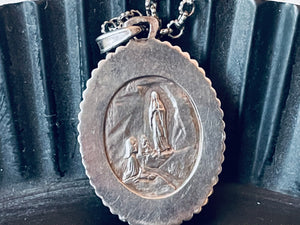 Virgin Mary Necklace, Our Lady of Lourdes, Vintage French Silver and Marcasite Medal