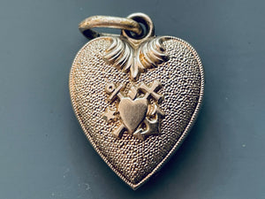 Antique French Puffy Heart Pendant - Faith, Hope and Charity