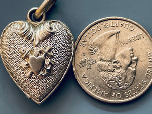 Antique French Puffy Heart Pendant - Faith, Hope and Charity