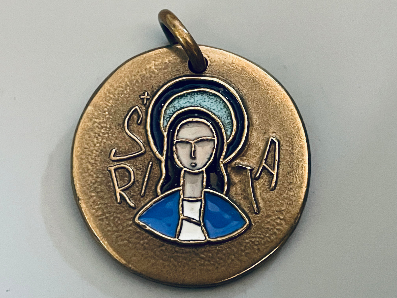 Vintage French Bronze and Enamel Saint Rita Medal, Elie Pellegrin