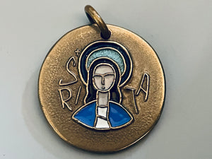 Vintage French Bronze and Enamel Saint Rita Medal, Elie Pellegrin