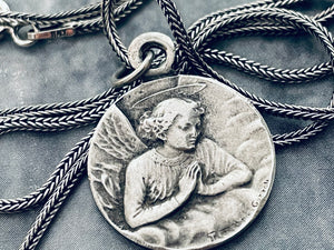 Vintage French Silver Angel Medal, Necklace