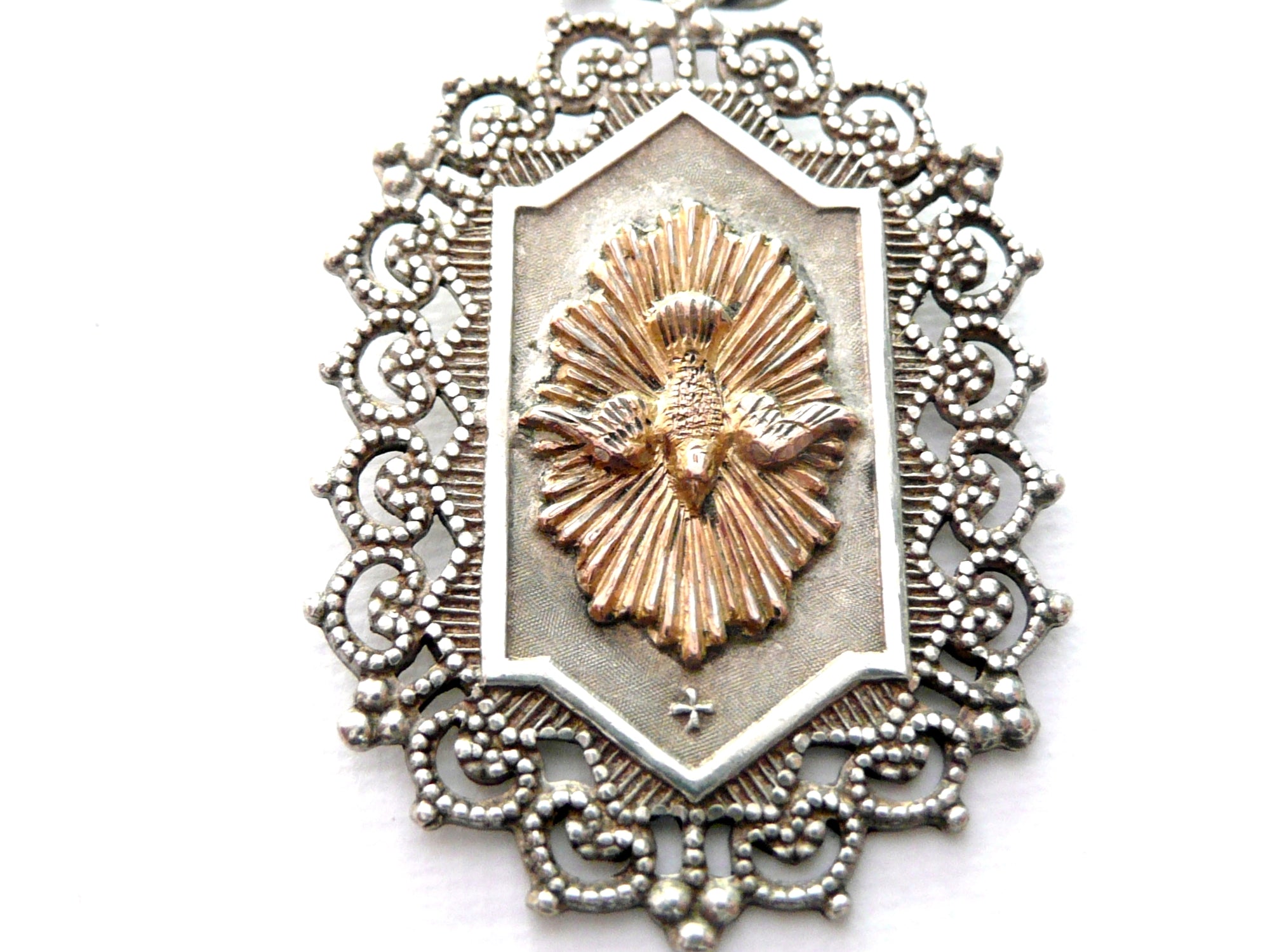 Antique French Silver and Gold Holy Spirit Medal, Confirmation Medal