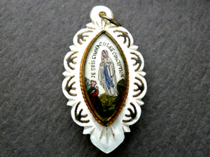 Antique French Mother of Pearl and Glass Our Lady of Lourdes Medal