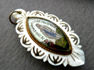 Antique French Mother of Pearl and Glass Our Lady of Lourdes Medal