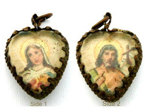 Antique French Glass Medal of Jesus and Mary