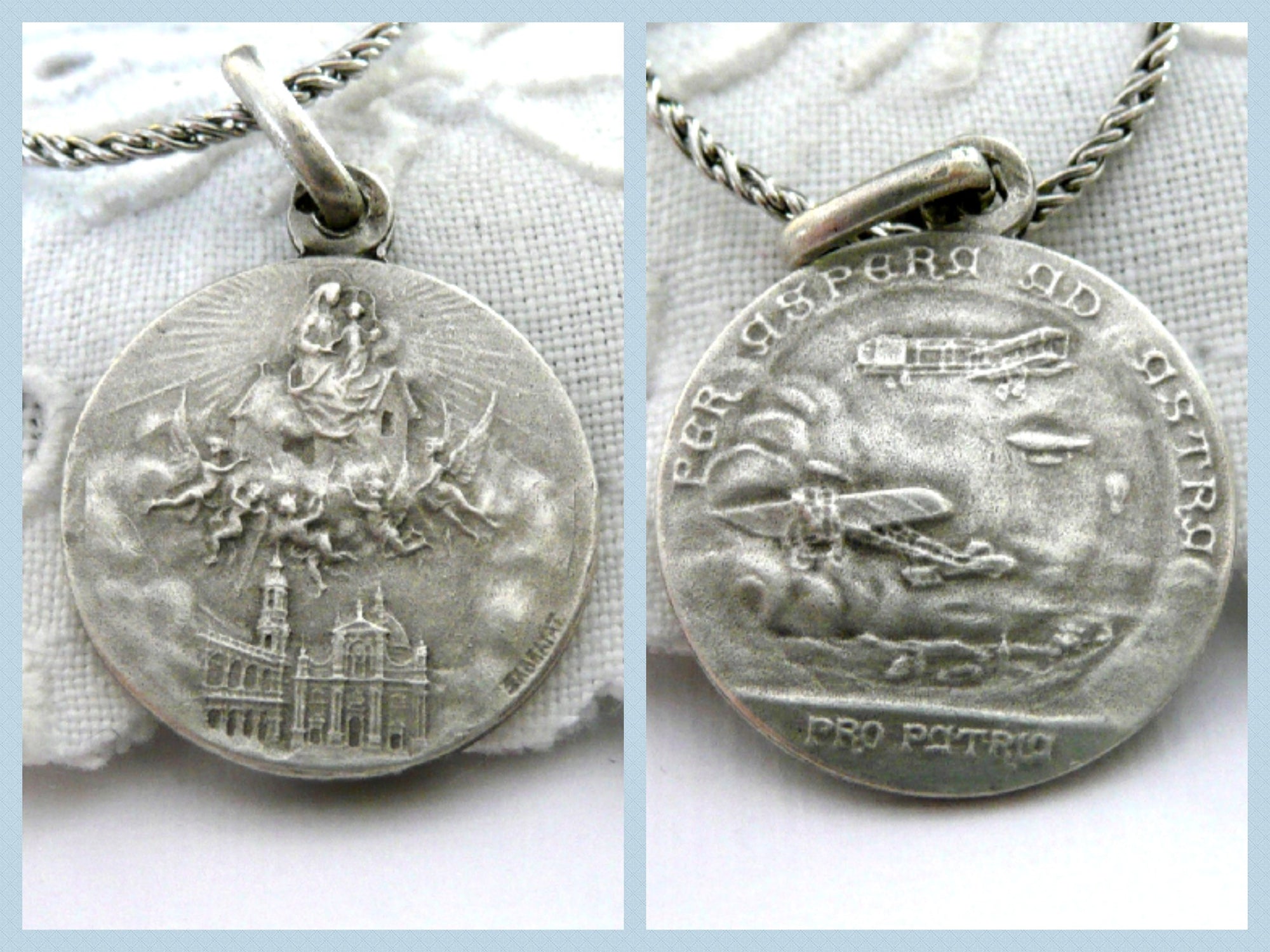 Petite Our Lady of Loreto Aviation Necklace - Vintage French Silver Medal