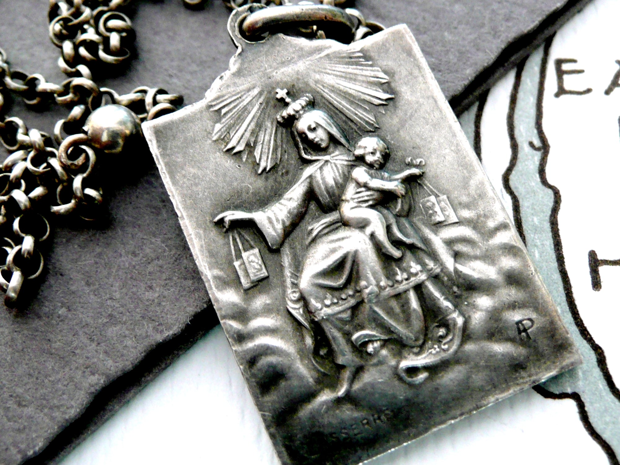 French Silver Scapular Necklace, Sacred Heart of Jesus Necklace