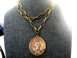 Antique 19th Century Three Hearts of Jesus, Mary and Joseph Medal, Necklace