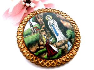 Vintage French Enamel Our Lady of Lourdes Brooch