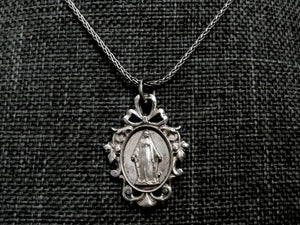 Vintage French Silver Our Lady of Grace Medal - Necklace
