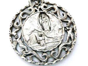 Large Vintage French Silver Our Lady of Lourdes Medal
