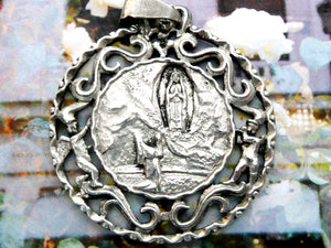 Large Vintage French Silver Our Lady of Lourdes Medal