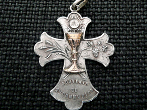 Large Antique 1887 French Silver and Gold Holy Communion Medal Cross
