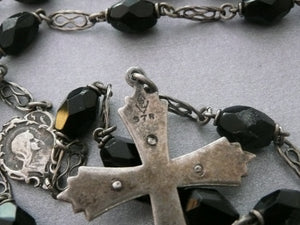 Vintage Mid Century Sterling Silver and Black Glass Rosary
