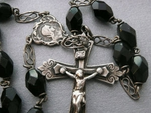 Vintage Mid Century Sterling Silver and Black Glass Rosary