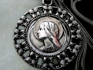 Antique French Silver Virgin Mary Medal, Virgin Mary Necklace
