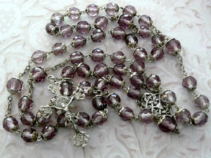 Long Antique French Amethyst Glass Silver Rosary