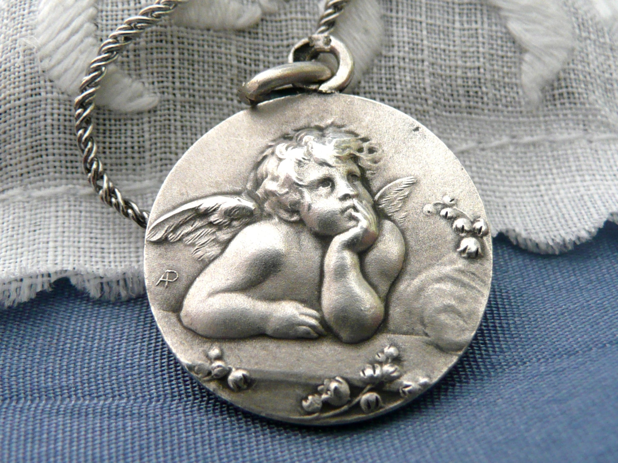 French Silver Cherub Medal Necklace