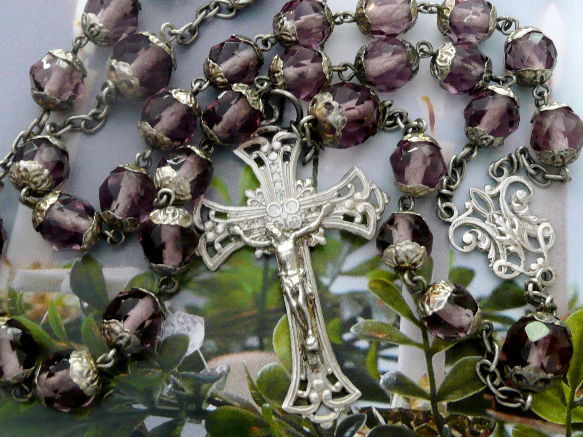 LONG Antique French Silver Amethyst Glass and Silver Rosary
