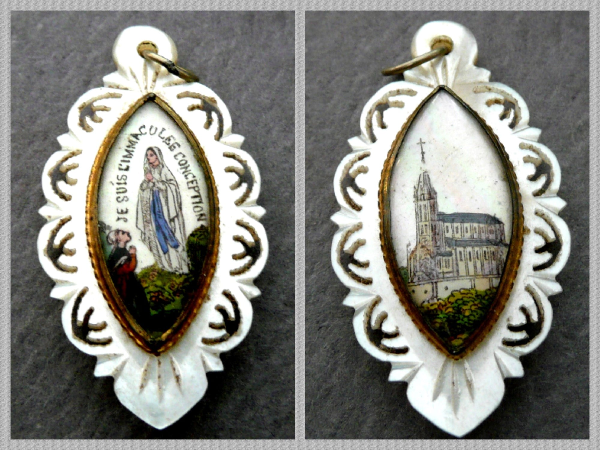 Antique French Mother of Pearl and Glass Our Lady of Lourdes Medal