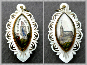 Antique French Mother of Pearl and Glass Our Lady of Lourdes Medal