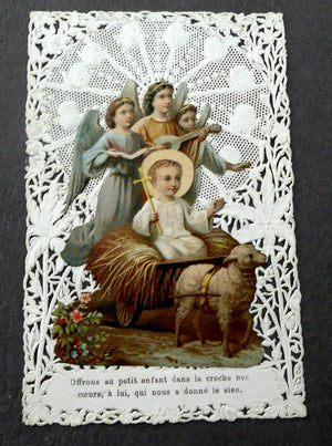 Antique French Paper Lace Holy Card of Baby Jesus, Christmas Holy Card