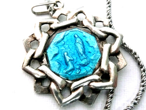 Virgin Mary Necklace - Vintage French Silver and Blue Enamel Medal