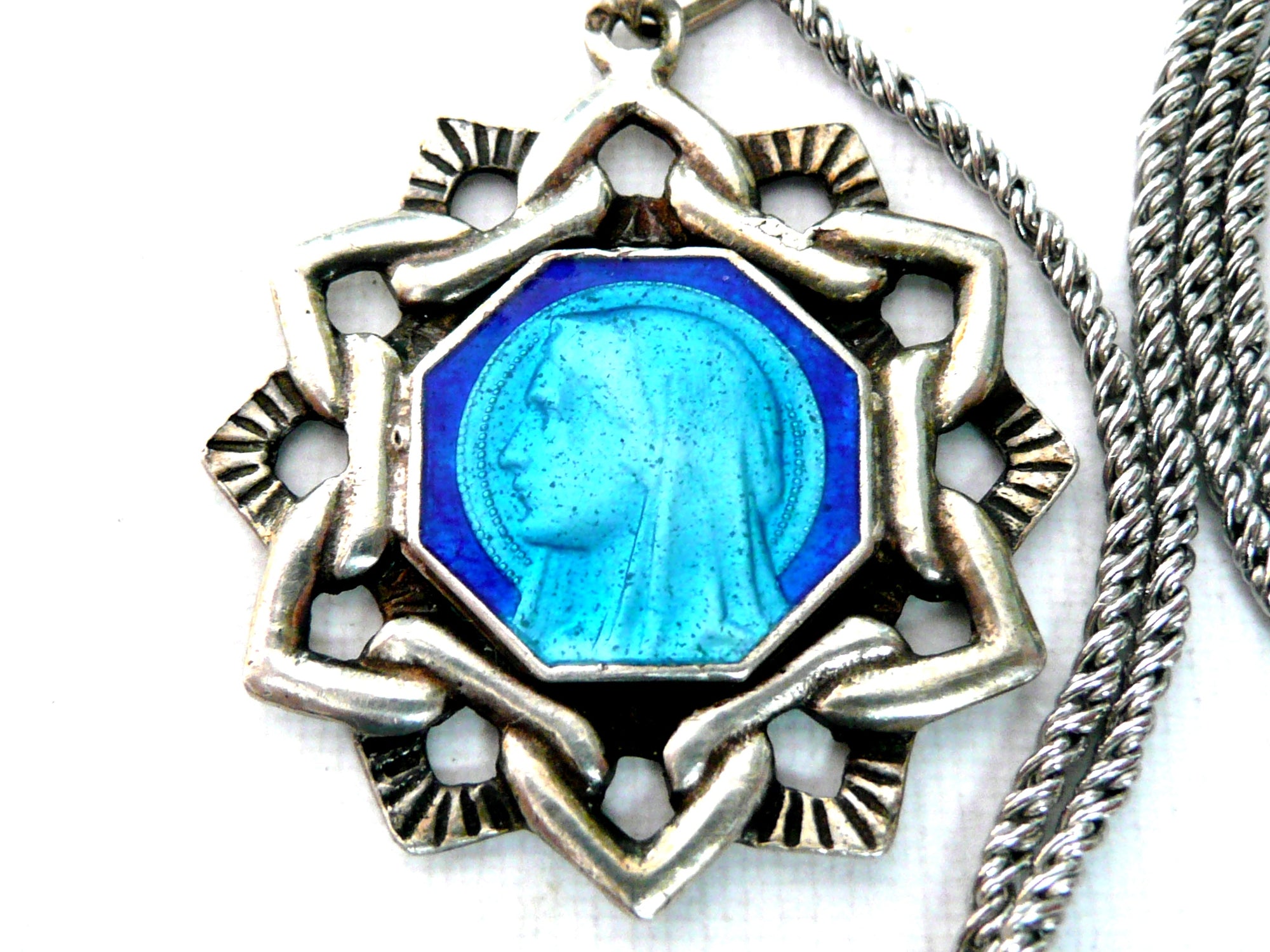 Virgin Mary Necklace - Vintage French Silver and Blue Enamel Medal