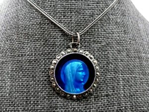 RESERVED LISTING FOR ME - Virgin Mary Necklace - Vintage French Silver, Marcasite and Blue Enamel Medal