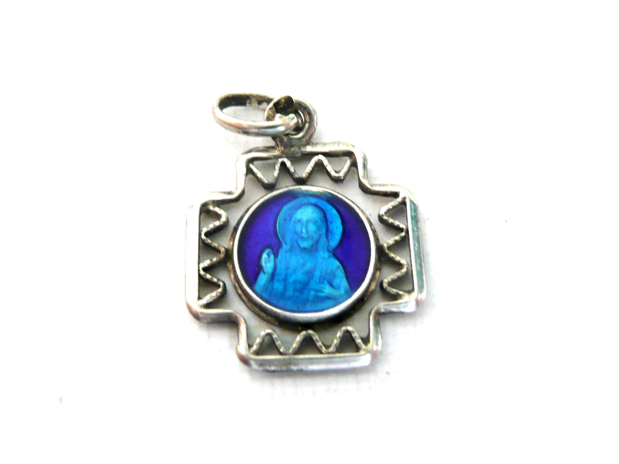 Vintage French Silver and Blue Enamel Sacred Heart Medal