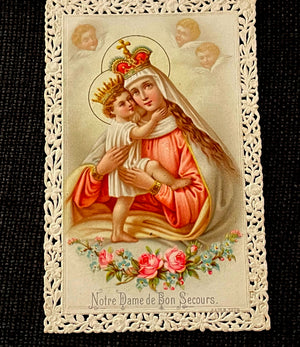 Antique French Our Lady of Good Help Paper Lace Holy Card