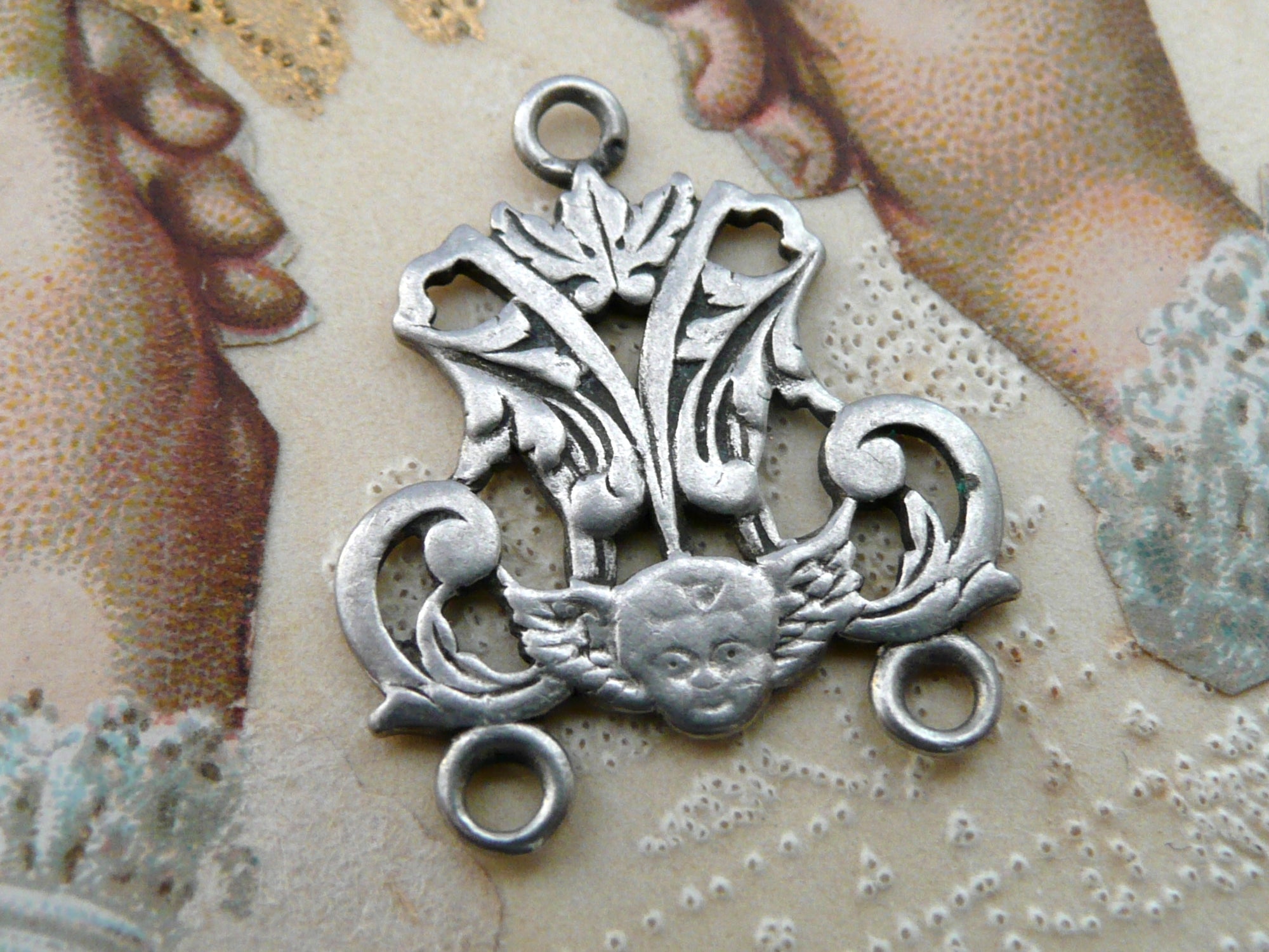 Antique French Silver Cherub Rosary Centerpiece Medal