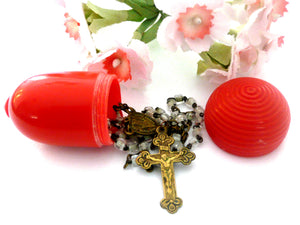 Vintage French Rosary Case and Miniature Brass and Glass Rosary