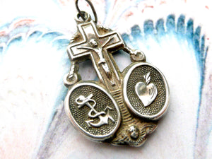 Antique French Puffy Silver Faith Hope and Charity Medal