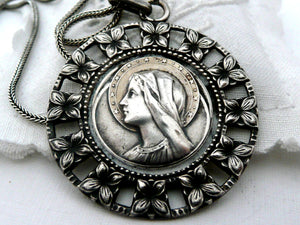 Antique French Silver Virgin Mary Medal, Virgin Mary Necklace