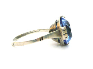 Vintage French Art Nouveau Silver and Blue Glass Ring