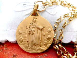 Scapular Necklace, Vintage French Scapular Medal, Our Lady of Mount Carmel, Sacred Heart of Jesus